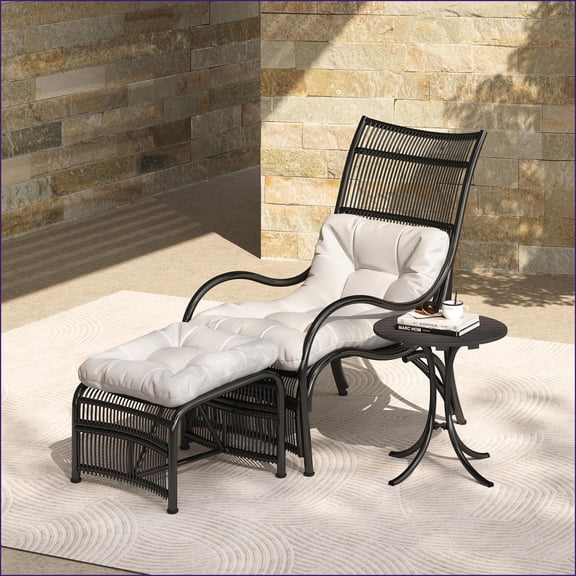 Patio Set 3-Piece Outdoor Lounge Chair with Ottoman & Table, Black Wicker Beige Cushions | Beige Black | Acacia Wood