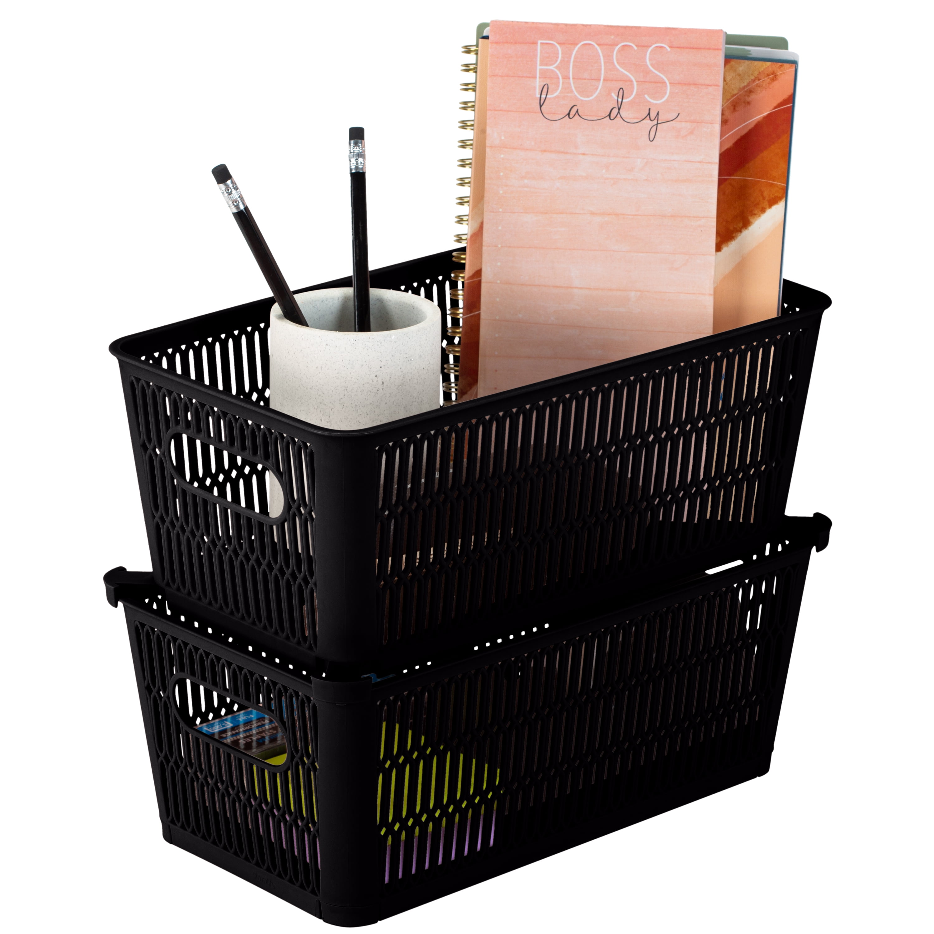 Simplify 4 Pack Slide 2 Stack It Small Plastic Storage Tote Baskets, Black
