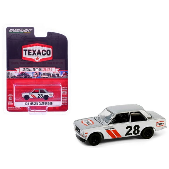 1970 Nissan Datsun 510 #28 Silver Metallic and White with Red "Texaco Special Edition" 1/64 Die Cast Model Car by Greenlight