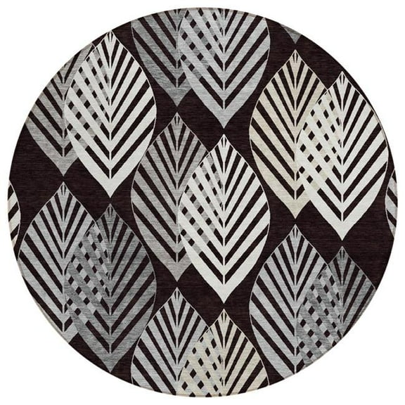 HomeRoots 584406 8 ft. Round Floral Washable Indoor & Outdoor Area Rug, Black, Silver & Charcoal