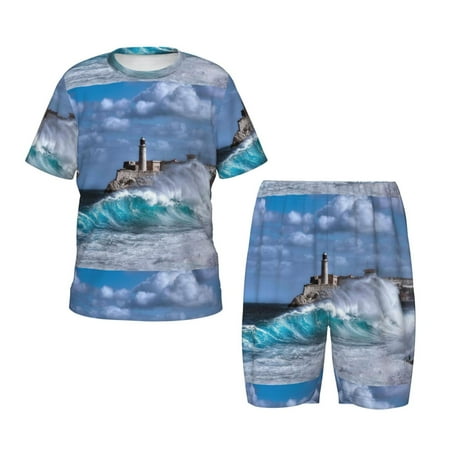 Luyuia Lighthouse in Havana Print Girls  2-Piece Tie-Dye Pajama Set  Cute Summer Loungewear with Shirt and Tank Shorts Nightwear-X-Large