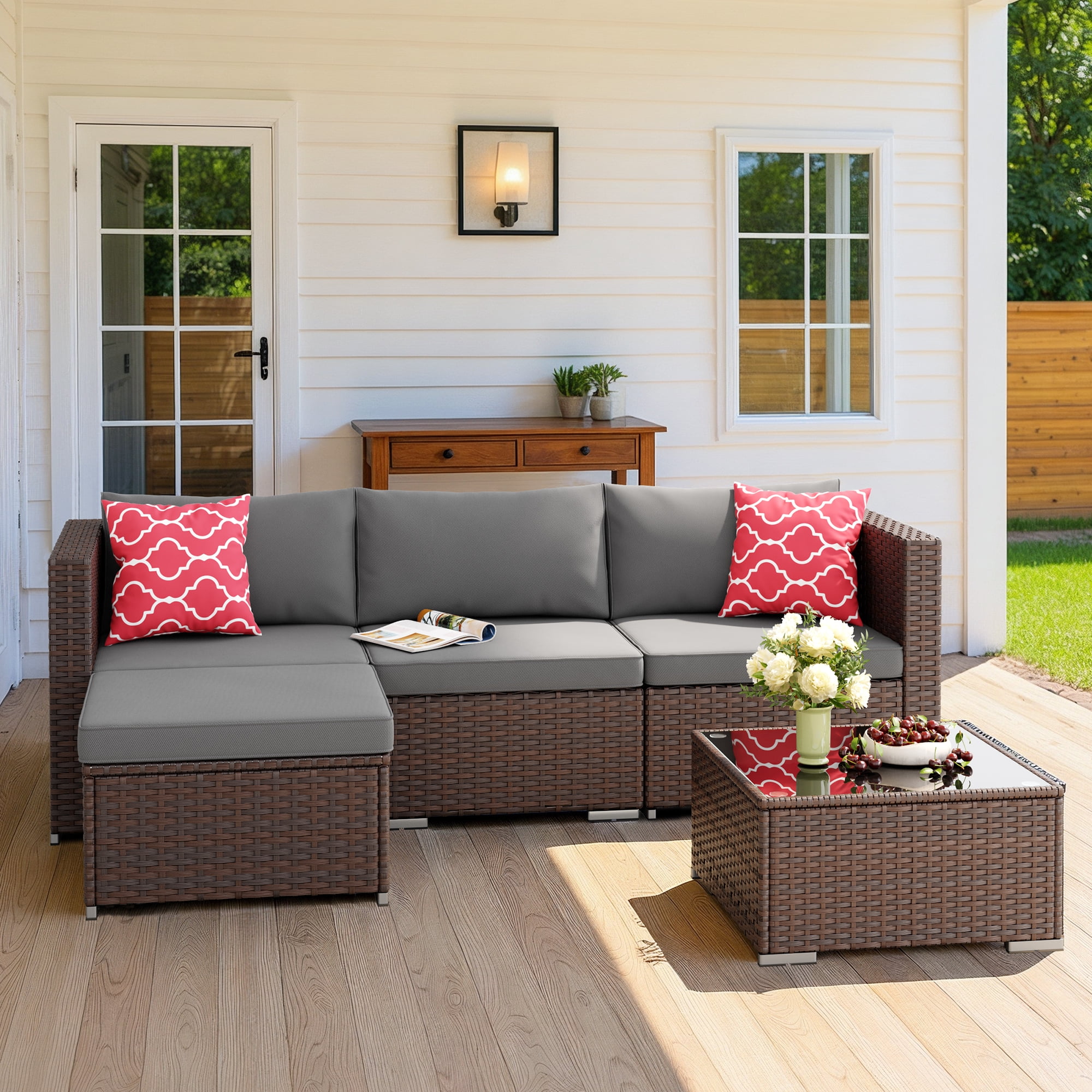 Patio Furniture Set on Sale, Lofka 5 Pieces Outdoor Furniture Set, Conversation Patio Set with Glass Coffee Table,Thicken Gray Cushions, Water Resistant