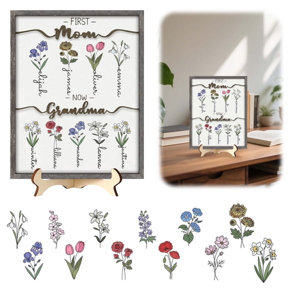 Gifts For Mom,Grandma,Birth Month Flower,Personalized Wood Plaque Wall Art Birthday Gifts Grandma Gifts(9.84 x 7.87 inches)