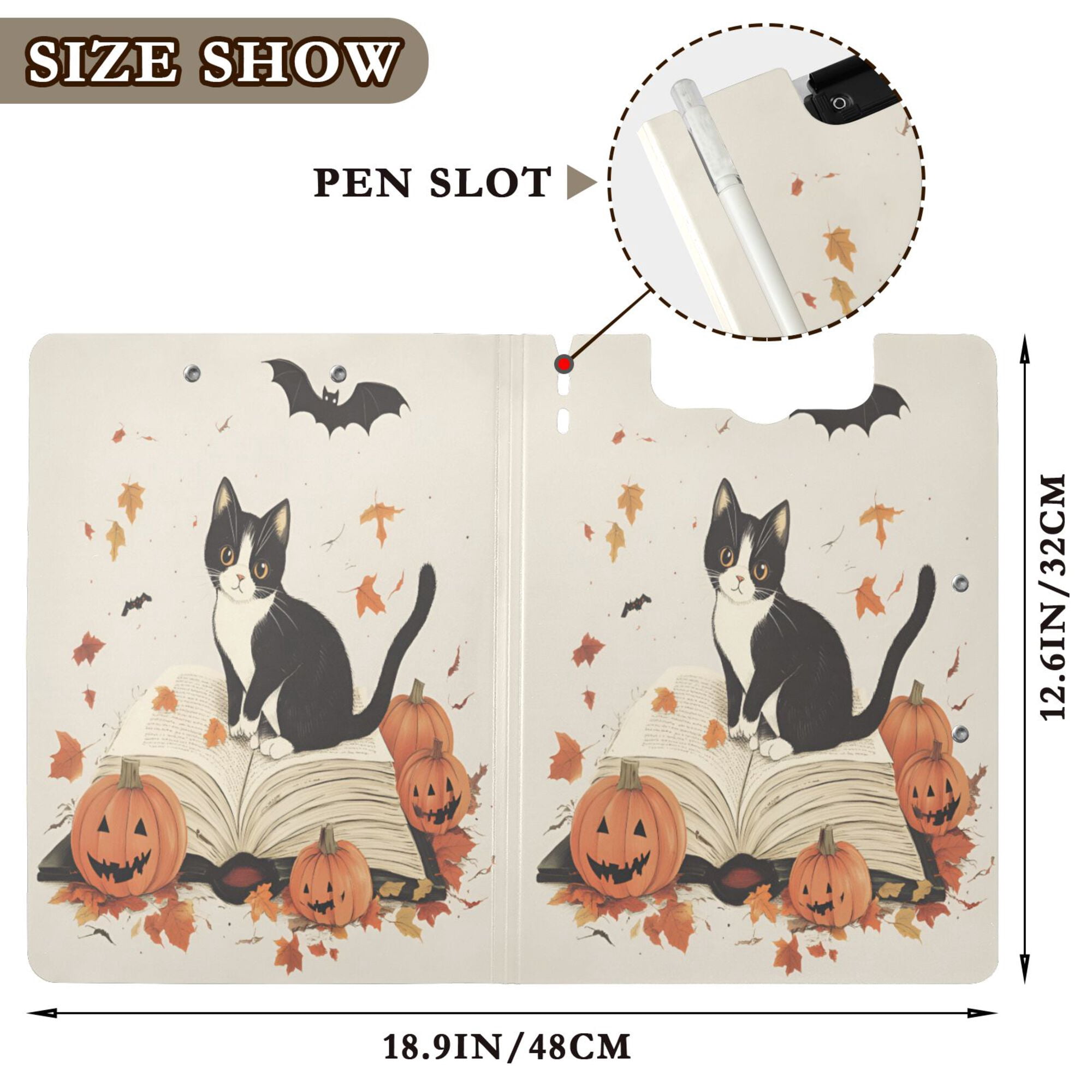 FORMRS A4 Clipboard Folder with Pen Holder Horizontal Foldable School Office Binder, Gray Cartoon Halloween Cat