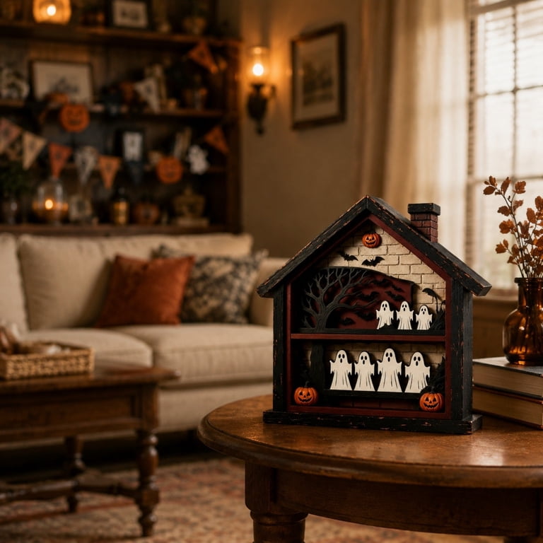 Halloween Wooden Haunted House Tabletop Decor 5.9 Inch Spooky