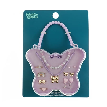 Wonder Nation 10 Pack Jewelry Set in Butterfly Box with Necklaces, Earrings, and Rings (Girl's)