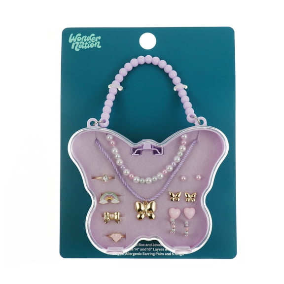 Wonder Nation 10 Pack Jewelry Set in Butterfly Box with Necklaces, Earrings, and Rings (Girl's)