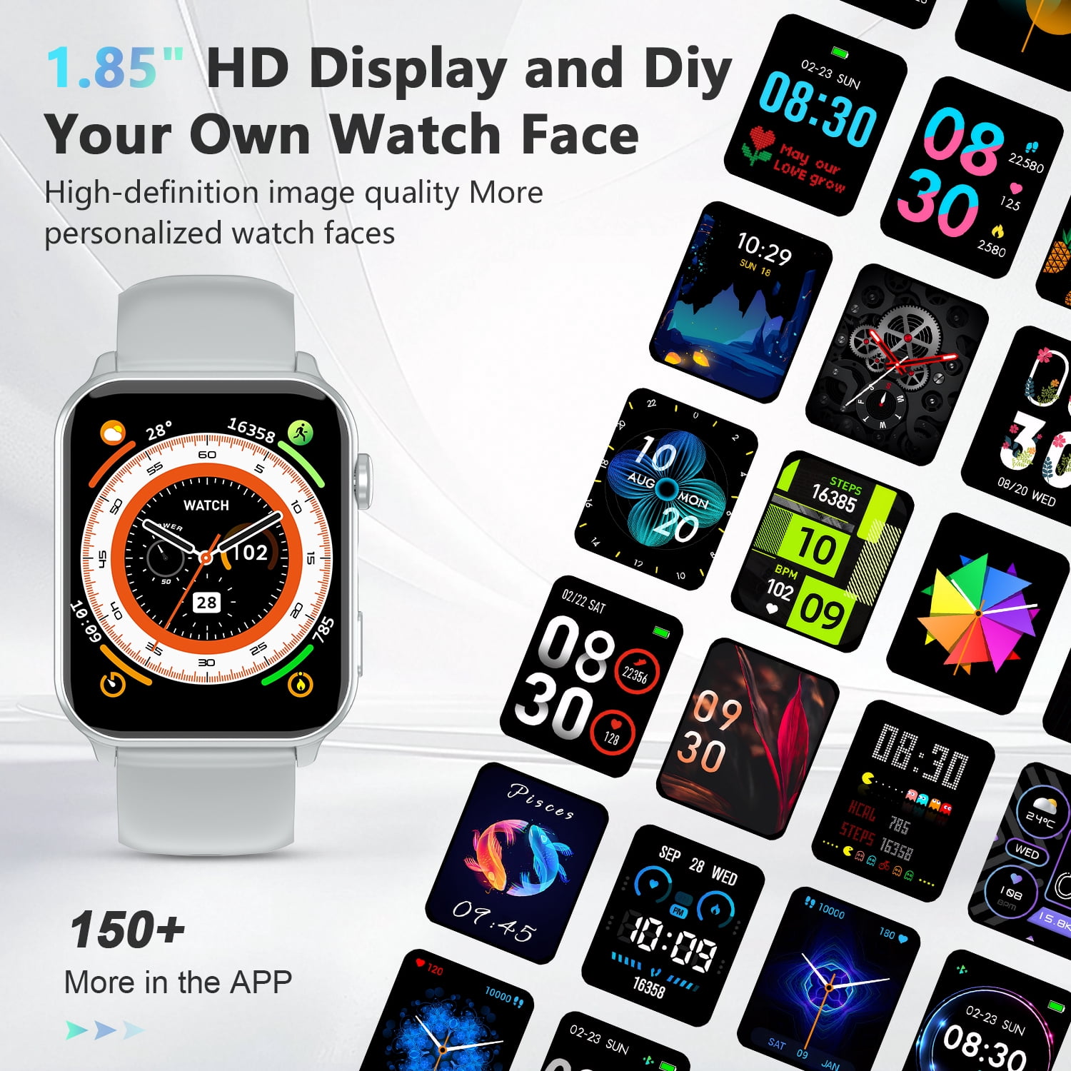 IOWODO Smart Watch for Men Women Compatible with iPhone Samsung Android Phone 1.91 inch Full Touch Screen IP68 Waterproof Bluetooh Fitness Tracker