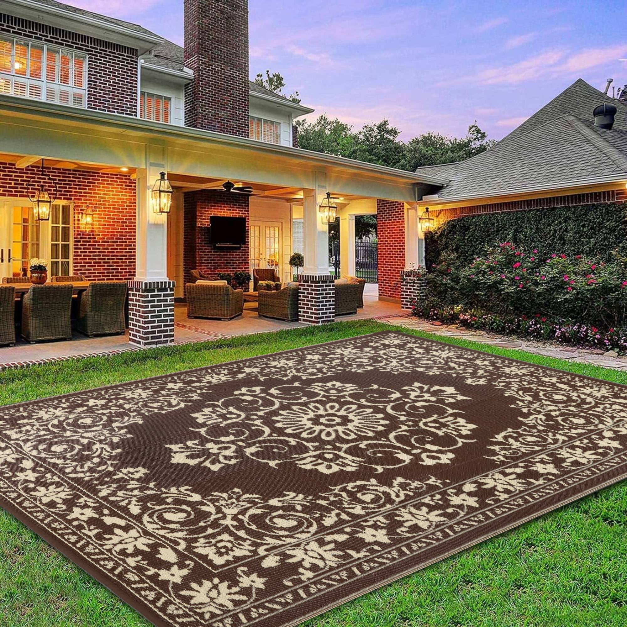 Findosom 8'x10' Boho Mandala Outdoor Rug Patio Rug Large Reversible Plastic Straw Rug RV Outdoor Mat Waterproof Foldable Portable Camping Mat for RV,Patio,Backyard,Deck,Picnic,Beach Brown