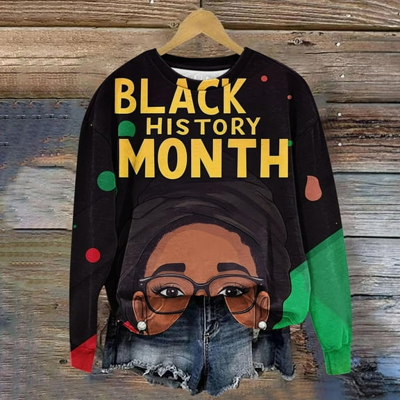 Fznquz Fashion Sweatshirts for Women Pullover Black Long Sleeve Sweatshirt Crewneck Casual Black History Spring Clothes