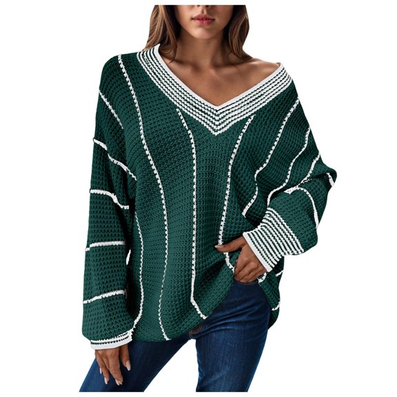 GEWSEY Womens Oversized Striped Tunic Sweaters Casual V Neck Long Sleeve Color Block Knit Pullover Jumper Tops (Green, S)
