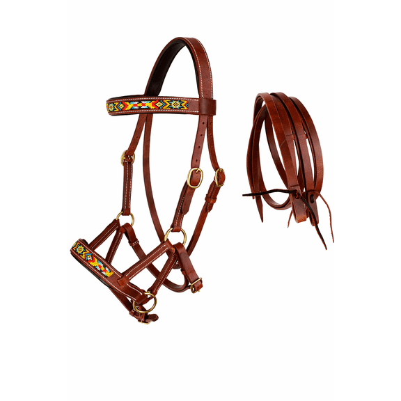 Horse Western Leather Beaded Bitless Sidepull Bridle Reins 77RS19TN-F