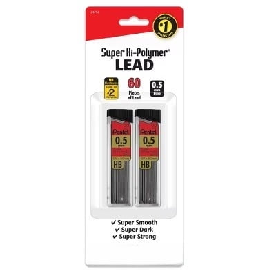 Pentel 2pk/60ct #2 0.5MM Mechanical Pencil Lead Refill: Black 0.5 Lead Refills for Mechanical Pencils, Writing Instrument Refills