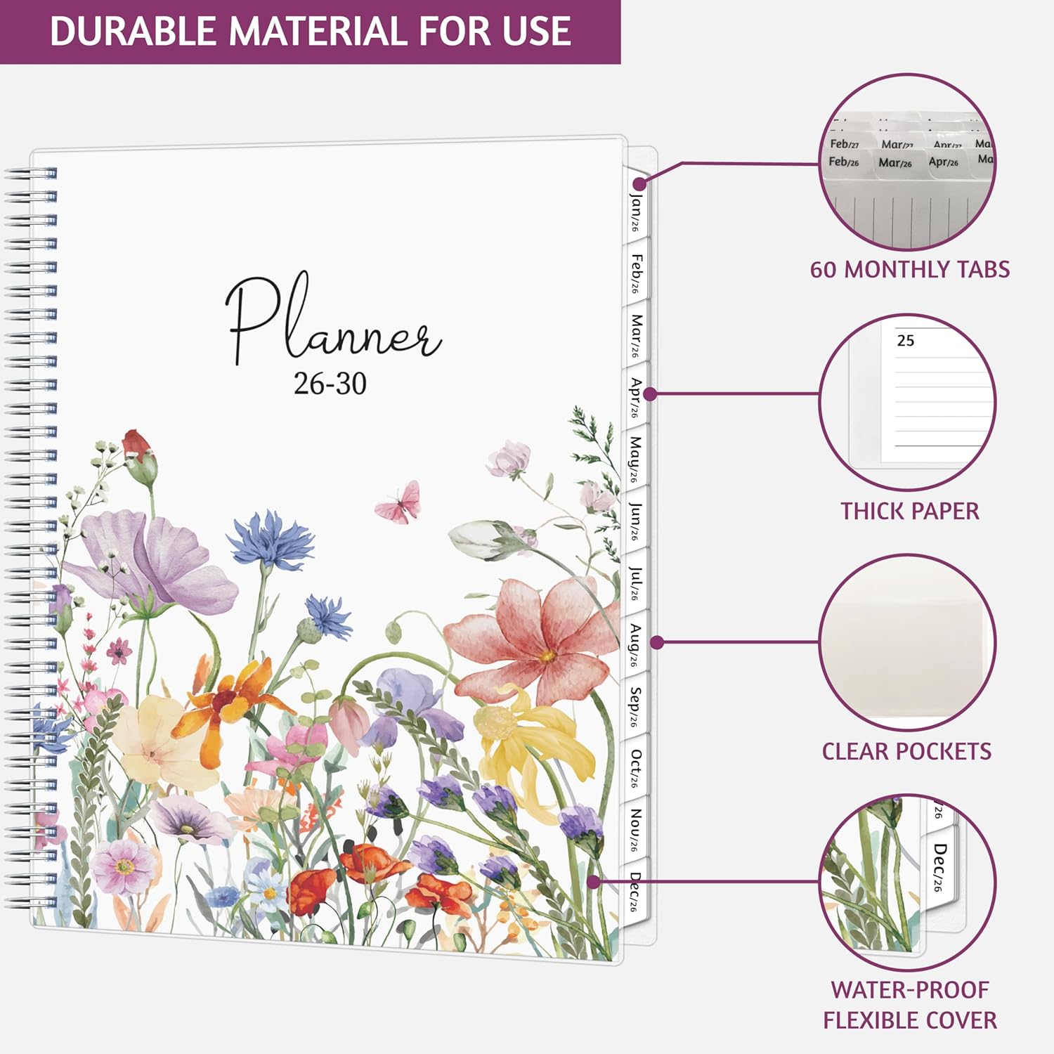Monthly Planner 2026-2030, 5-Year Calendar, Jan 2026-Dec 2030, 8.5 x 11 In, Ruled Spreads, Flexible Cover, Spiral Wirebound, Pocket, 60 Monthly Tabs, Watercolor