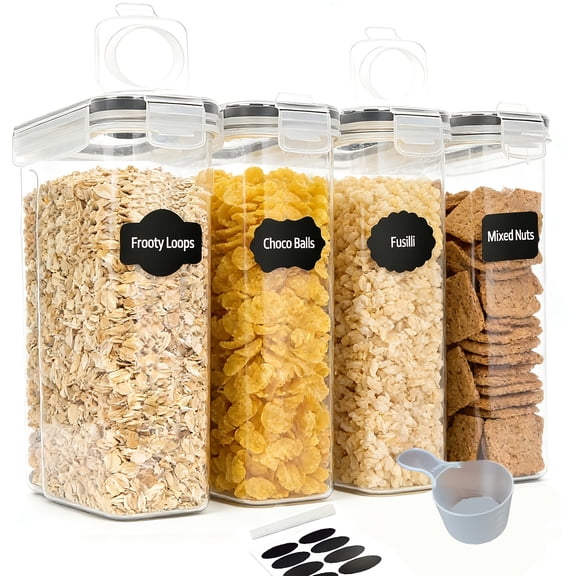 4-Pack Airtight Cereal Storage Containers with Clip-Lock Lids, BPA-Free Plastic, Clear Square Pantry Canisters for Flour Sugar Pasta, Space-Saving Kitchen Organization