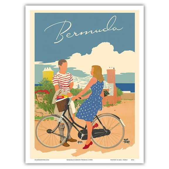 Bermuda - Woman on Bicycle - Vintage Travel Poster by Adolph Treidler c.1950s - Master Art Print (Unframed) 9in x 12in