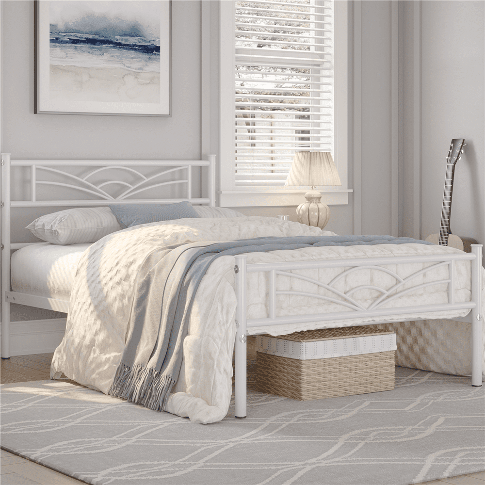 Fullfurnique Cadre de Lit Plateforme en Métal avec Tête de Lit Inspirée des Nuages, Simple, Blanc