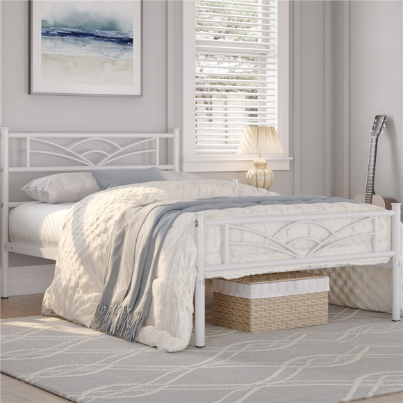 Fullfurnique Metal Platform Bed Frame with Cloud Inspired Design Headboard, Twin, White
