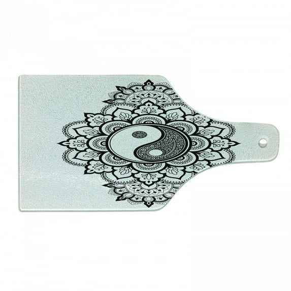 Ethnic Cutting Board, Creative Composition of Yin Yang and Oriental Details Flourishes, Decorative Tempered Glass Cutting and Serving Board, in 3 Sizes, by Ambesonne