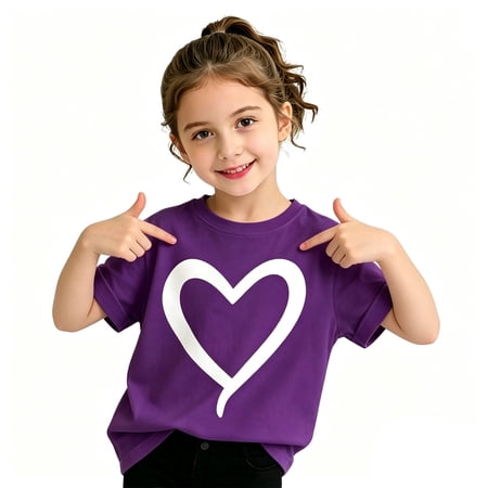 JIAYUE Girls Trendy Tee Summer Crew Neck Comfortable Short Sleeve Loose Fit Breathable Casual Tops With Adorable Heart Print For Daily Wear