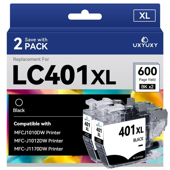 LC401XL Ink Cartridge for Brother LC401XL LC-401XL for MFC-J1010DW MFC-J1012DW MFC-J1170DW Printer (2 Black)