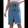 thumbnail image 2 of Falda Vaquera Midi Ajustada con Cintura Alta, Abertura Frontal y Dobladillo Sin Rematar para Mujer Azul Medio M, 2 of 9