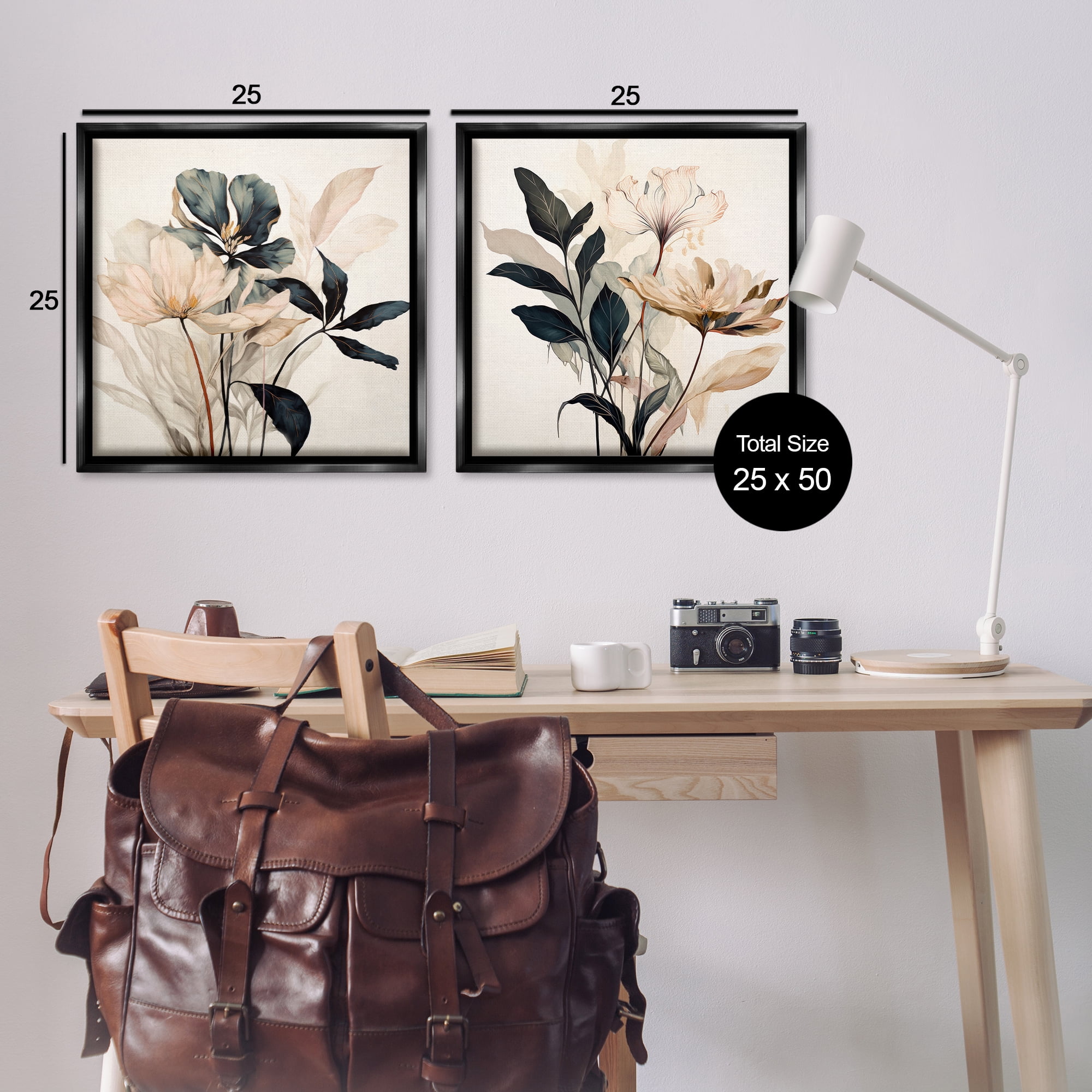 Stupell Industries Black & Beige Botanicals Plants & Flowers Painting Black Floater Framed Canvas Art Print Wall Art, 25 x 25, Set of 2