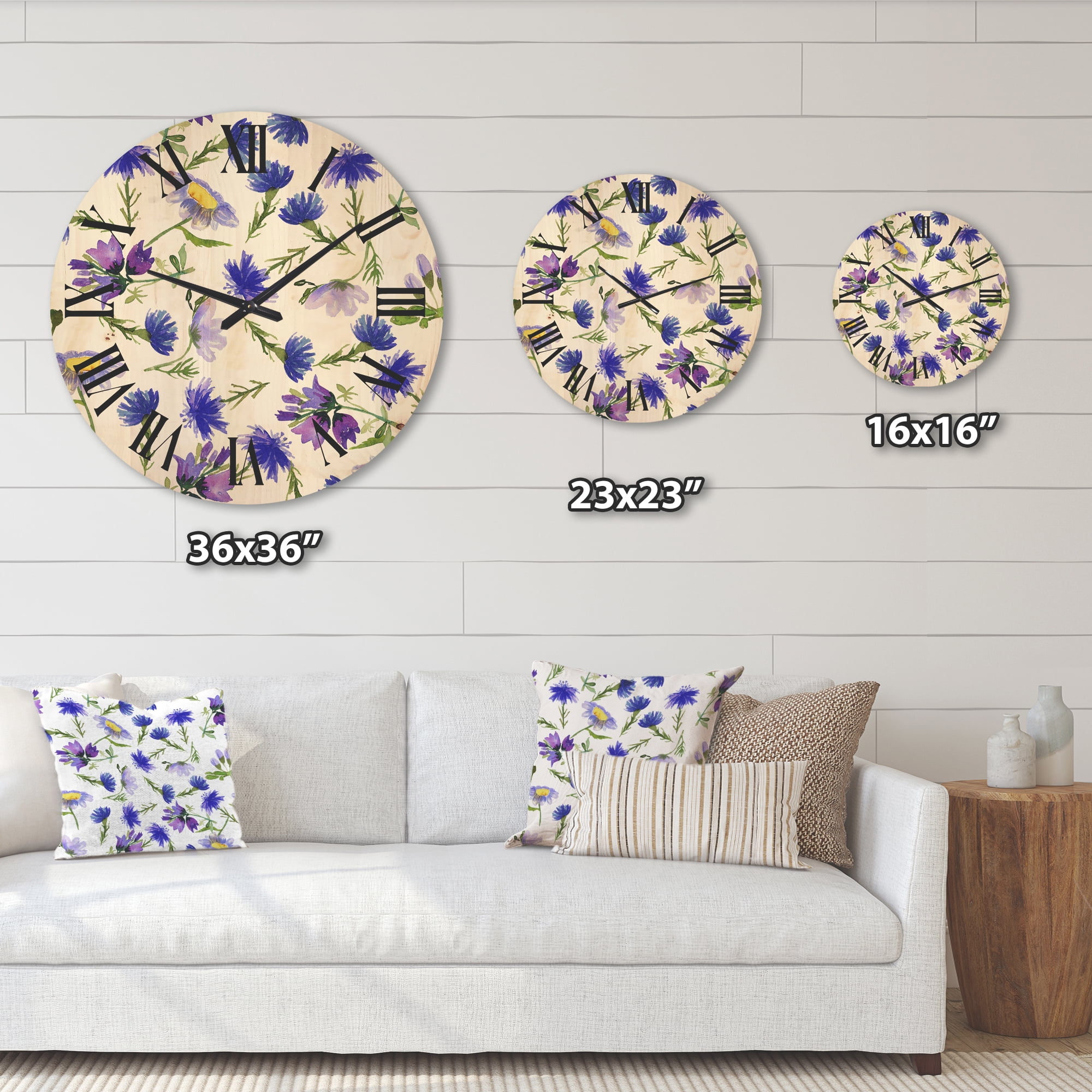 Designart 'Blue Wildflowers With Leaves III' Traditional Wood Wall Clock