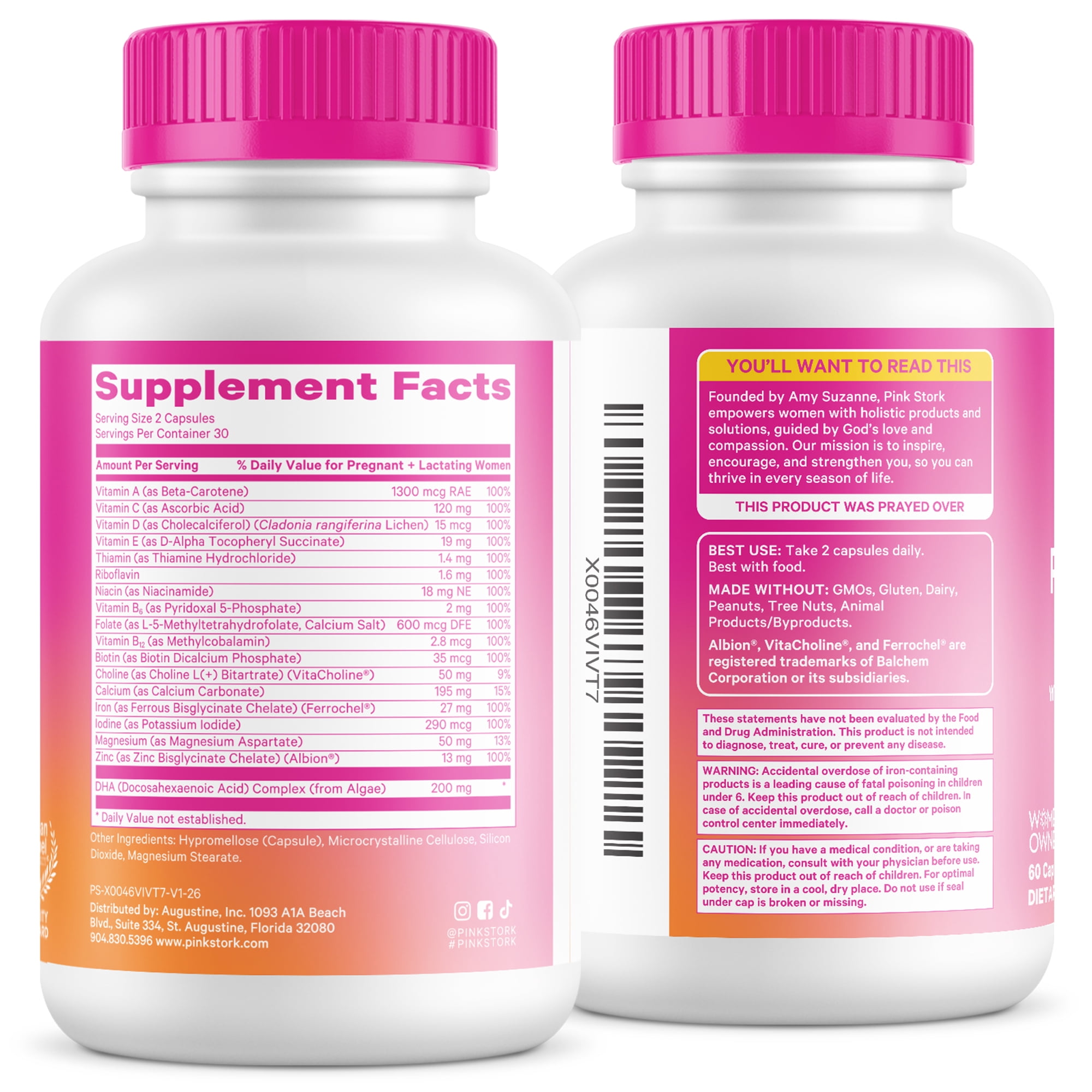 Pink Stork Total Prenatal Vitamins with DHA, Biotin, Folate, Choline, Iron - Non GMO, 60 Daily Capsules