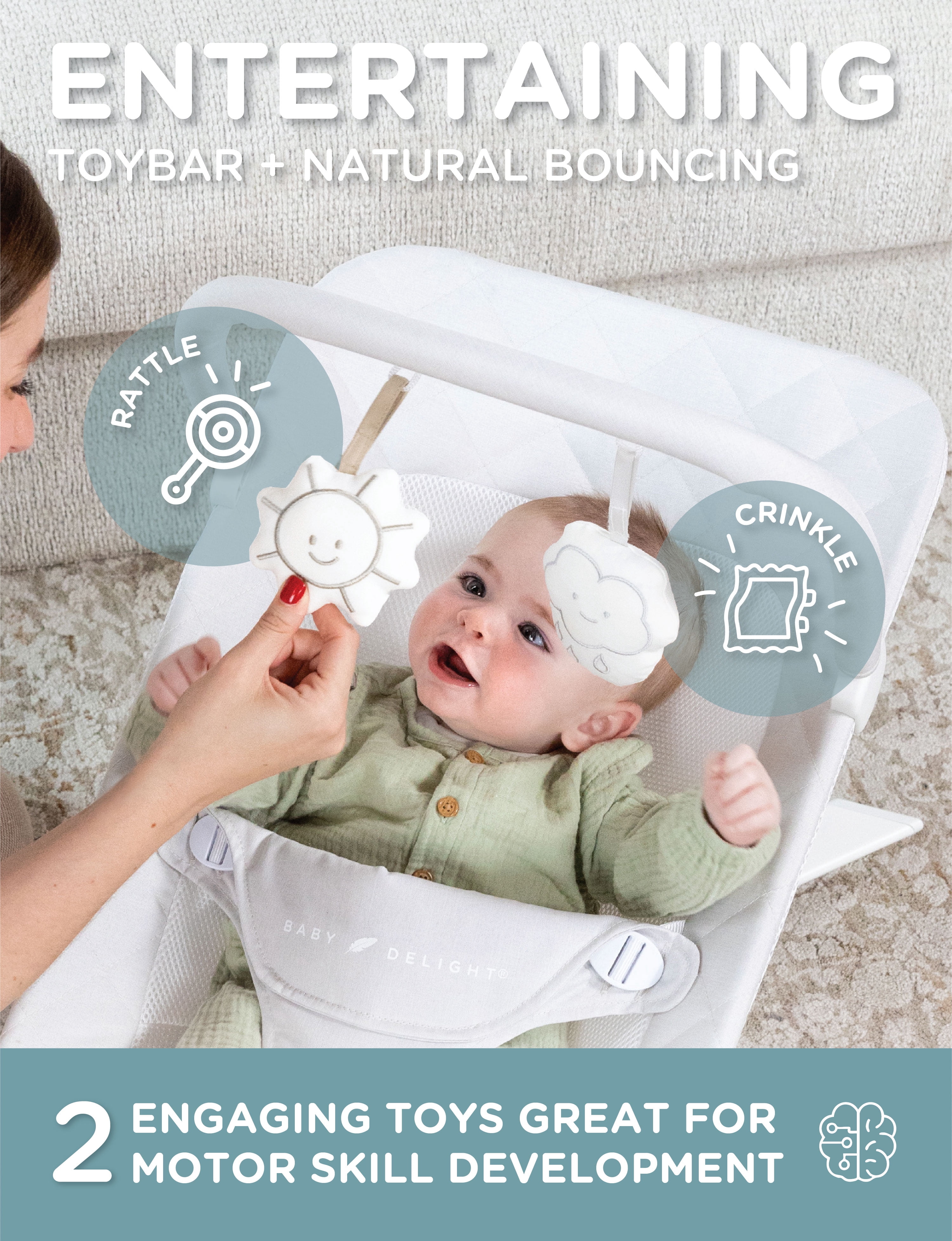 Baby Delight Alpine Deluxe Portable Bouncer, for Infants 0-6 Months, Driftwood Grey