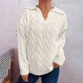 thumbnail image 2 of Women's Cable Knit Sweater V-Neck Collared Long Sleeve Pullover Top for Fall & Winter White M, 2 of 5