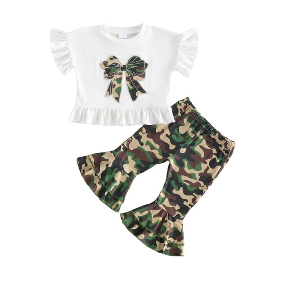 BemeyourBBs Baby Girl Hunting Clothes Kids Toddler Baby Girl Summer Outfits Bow Embroidery Ruffle Short Sleeve T-Shirts Tops Camouflage Flare Pants 2Pcs Clothes Set