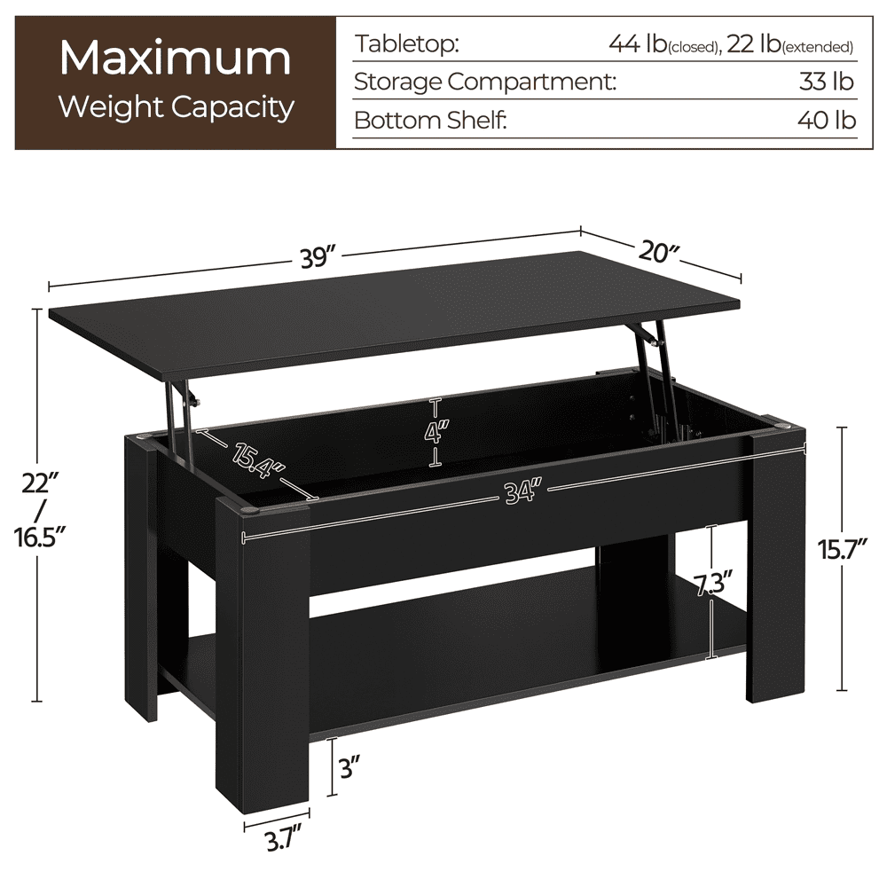 Alden Design Modern 39" Wood Lift Top Coffee Table with Lower Shelf for Living room, Black