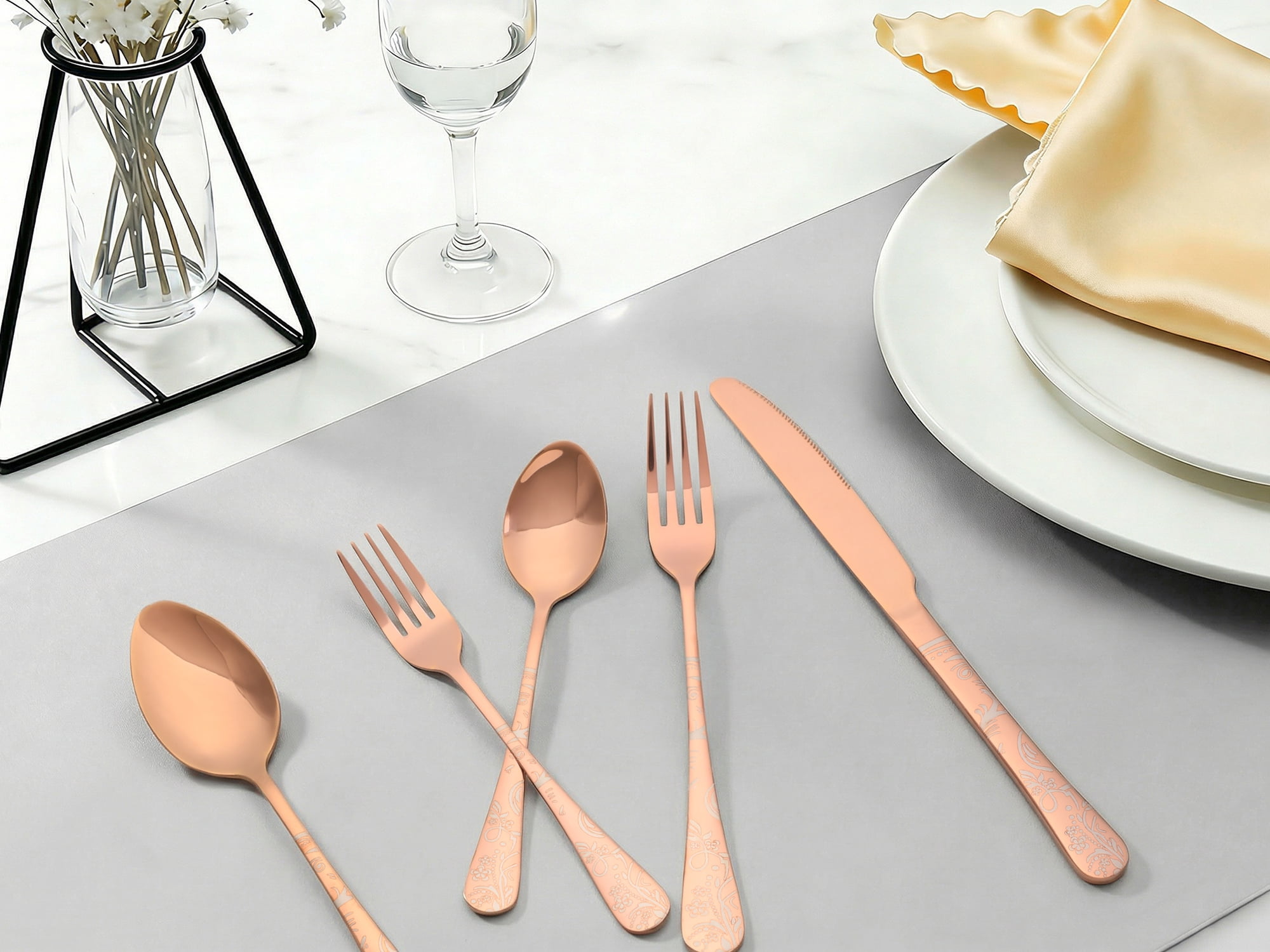 Unique Bargains 20 Piece Stainless Steel Floral Flatware Silverware Set for 4 Rose Gold
