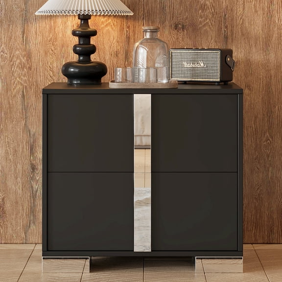 ECOBUY Nightstand with 2 Drawers, Mirrored Bedside Table, Metal Foot, Black MDF, 23.3x15.4x21.3 in