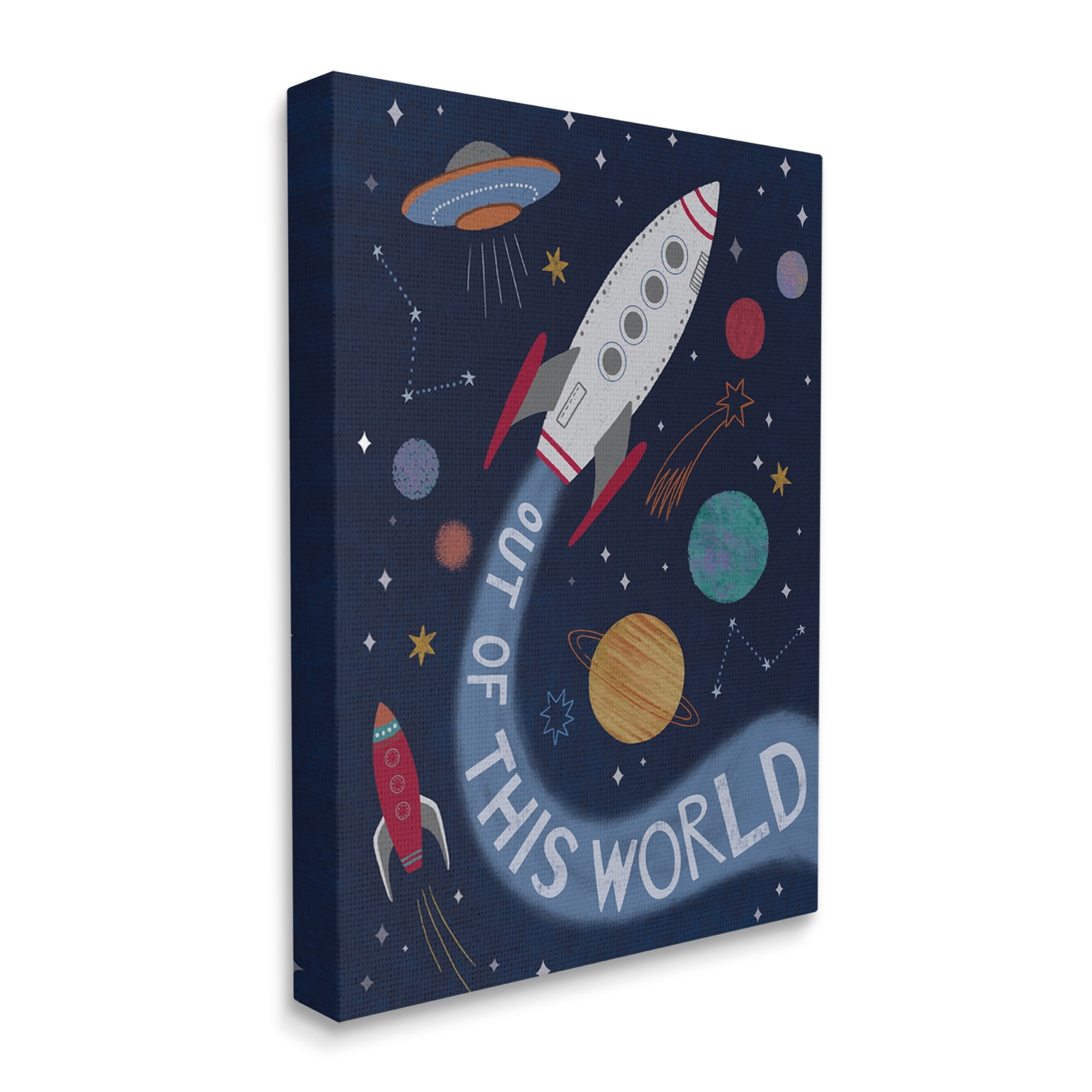 Stupell Industries Out Of This World Text Flying Rocket Ship Galaxy Canvas Wall Art, 16 x 20, Design by Nina Seven