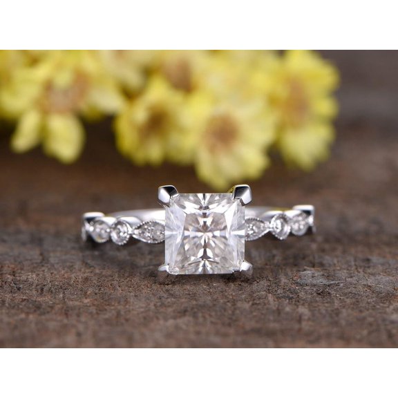 Vintage Design 1.25 Ct Moissanite and Diamond Engagement Ring in 10k White Gold