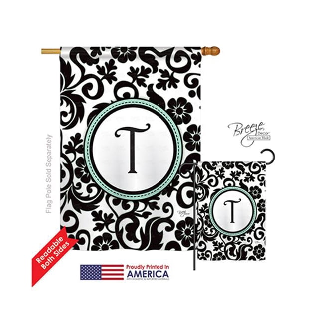 Breeze Decor 30072 Damask T Monogram 2-Sided Vertical Impression House Flag - 28 x 40 in.