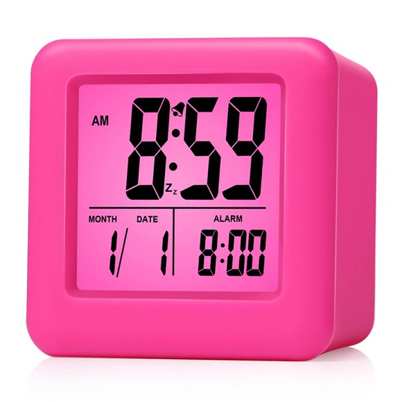 Plumeet Digital Kids Alarm Clock with Snooze and Nightlight - Easy Setting Silicone Clock Display Time Date - Loud for Bedroom - Battery Powered (Pink)