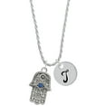 thumbnail image 1 of Delight Jewelry Silvertone Hamsa Hand with Blue Crystal Silvertone Script Initial Disc - T - Charm Necklace, 20"+3", 1 of 4