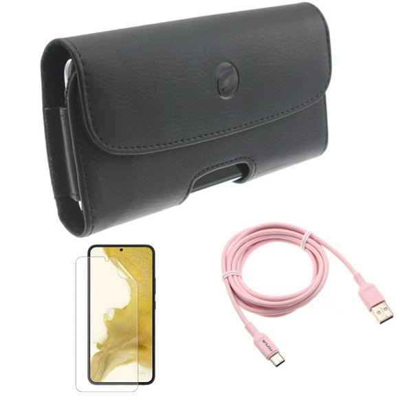 Case Belt Clip & Matte Screen Protector & 6ft USB-C Cable for Samsung Galaxy S22 (6.1") - Leather Holster & TPU Film Anti-Glare & Pink Charger Cord Accessory Bundle