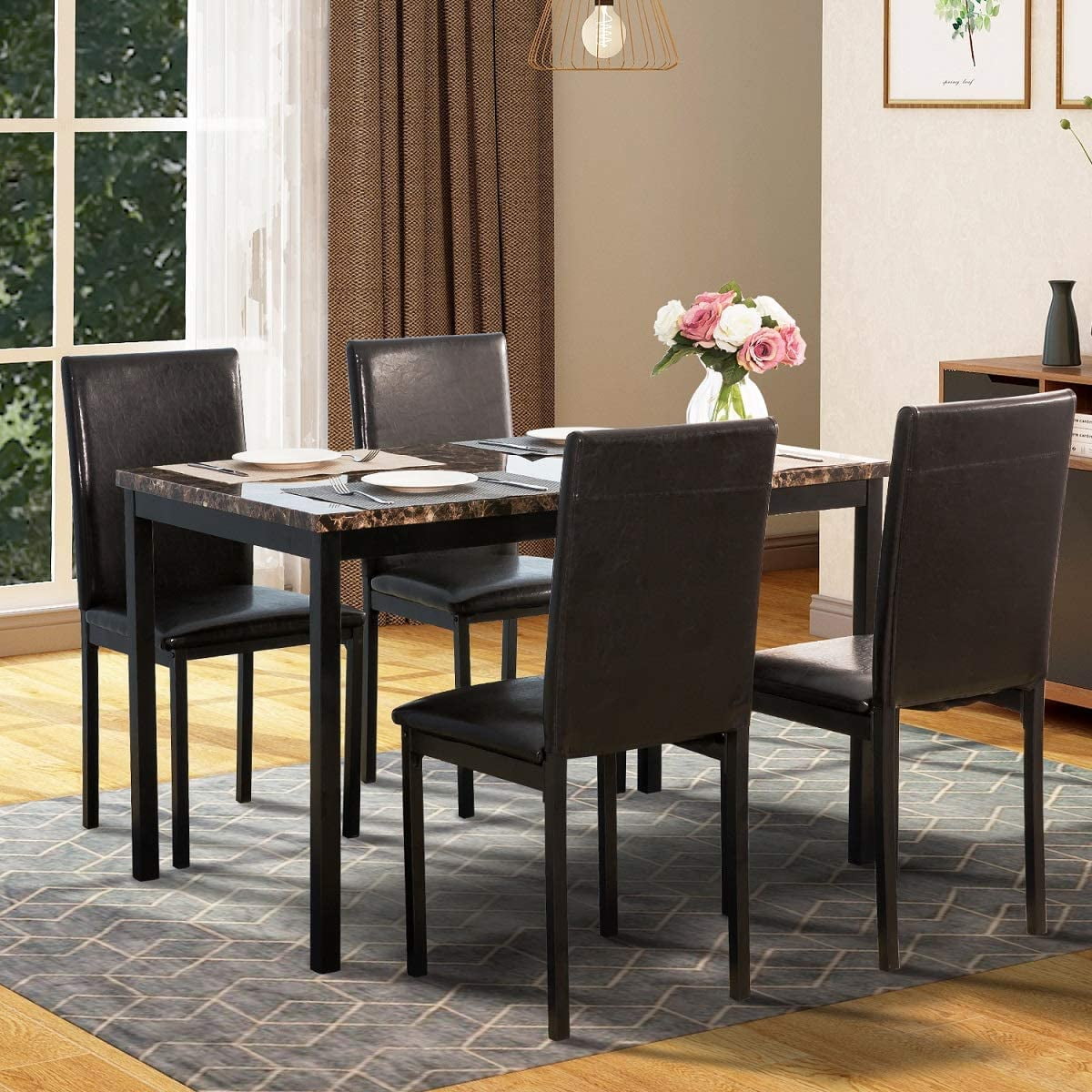 Kitchen Table and 4 Chairs Set, Modern Metal Dining Set with Faux