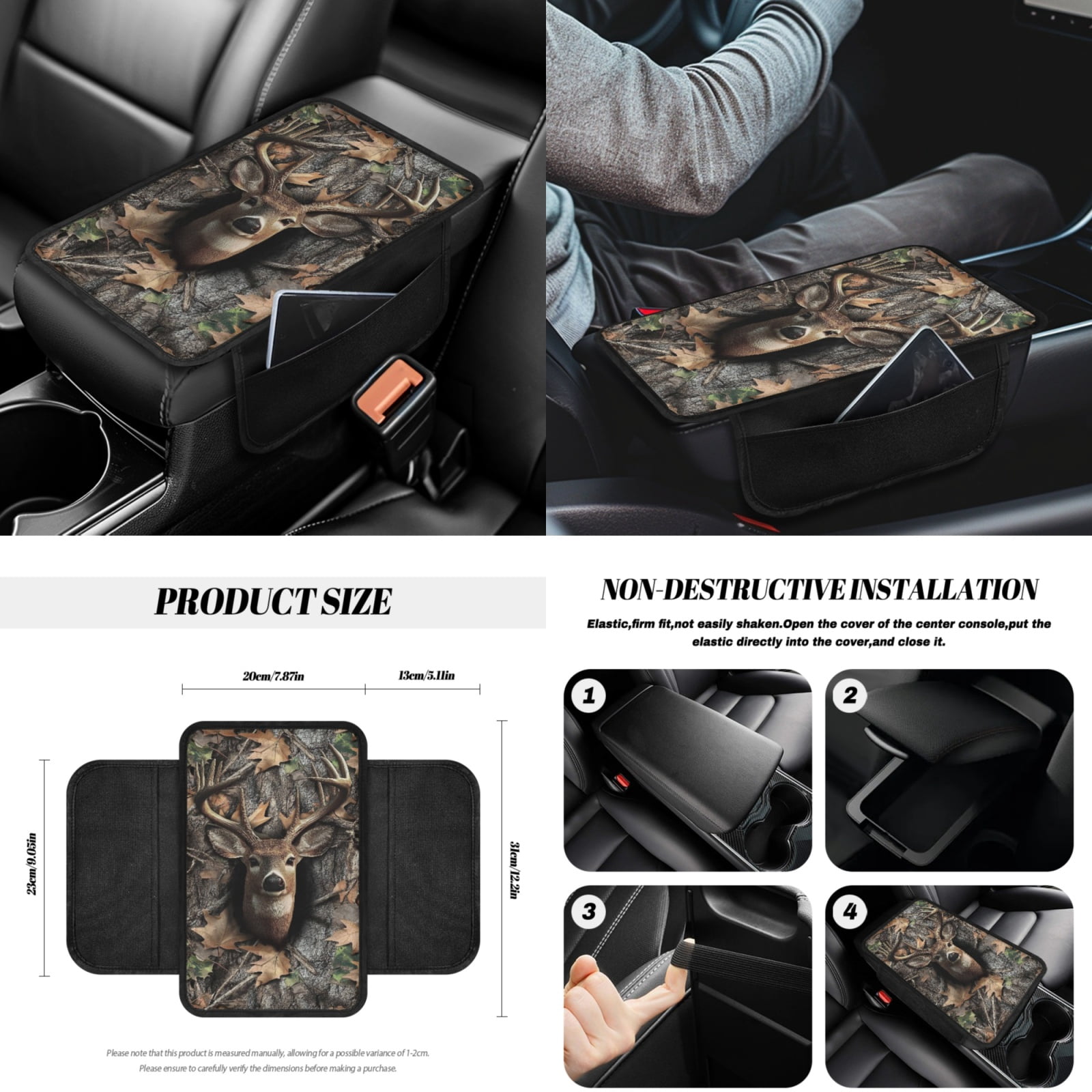 Yuyamidu Deer Front Rear Car Seat Covers Full Set Camo Hunting Steering Wheel Cover Seat Belt Pads Coasters Waste Bin Armrest Cover Cup Holders Rearview Mirror Cover Handbrake Cover Set, 14 Pack