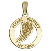 Guardian Angel "Protect My Child" Wing Cut-out Medal - 1 Inch X 1 Inch -Solid 14K Yellow Gold