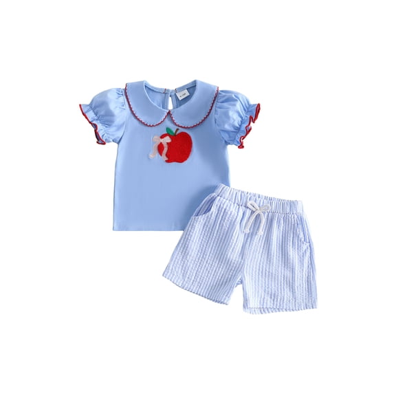 BemeyourBBs Toddler Baby Girl Back to School Outfit First Day of School Kindergarten Outfits Apple Embroidery Doll Collar Puff Short Sleeve Shirt Tops Stripe Shorts Set 2Pcs Baby Fall Summer Clothes