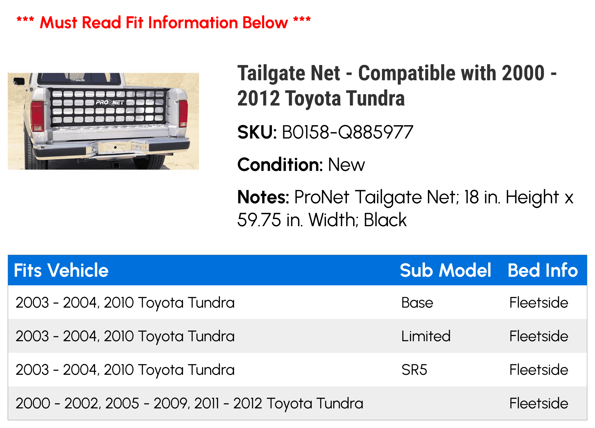 Tailgate Net - Compatible with 2000 - 2012 Toyota Tundra 2001 2002 2003 2004 2005 2006 2007 2008 2009 2010 2011