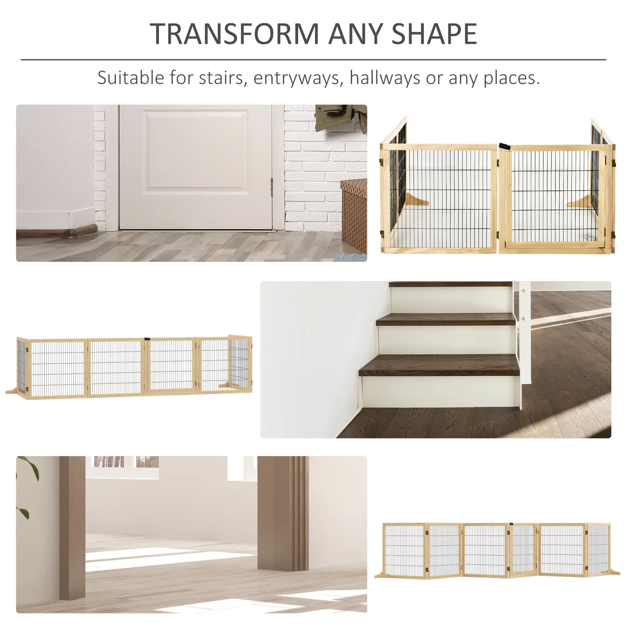 Pefilos 170" Wide Folding Pet Gate, 32" Tall No-Assembly Wood Dog Gate with Door Walk Through, Freestanding Wire Pet Gate, Pet Puppy Safety Fence, Beige