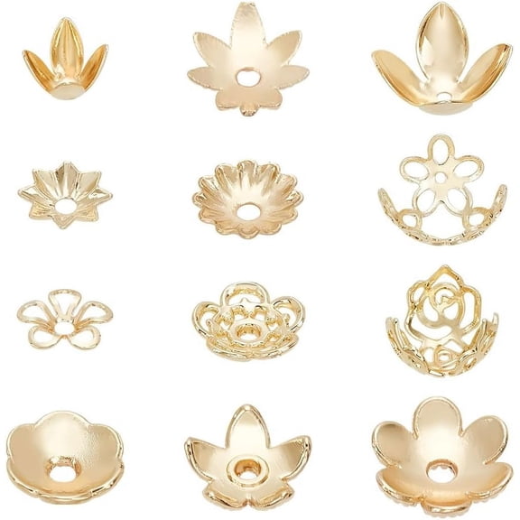 96 Pcs Real 14K Gold Plated Flower Bead Caps 12 Styles Gold Brass Long-Lasting Bead End Caps Floral Spacer Beads Caps for DIY Crafts Earring Necklace Jewelry Making 1set DIY