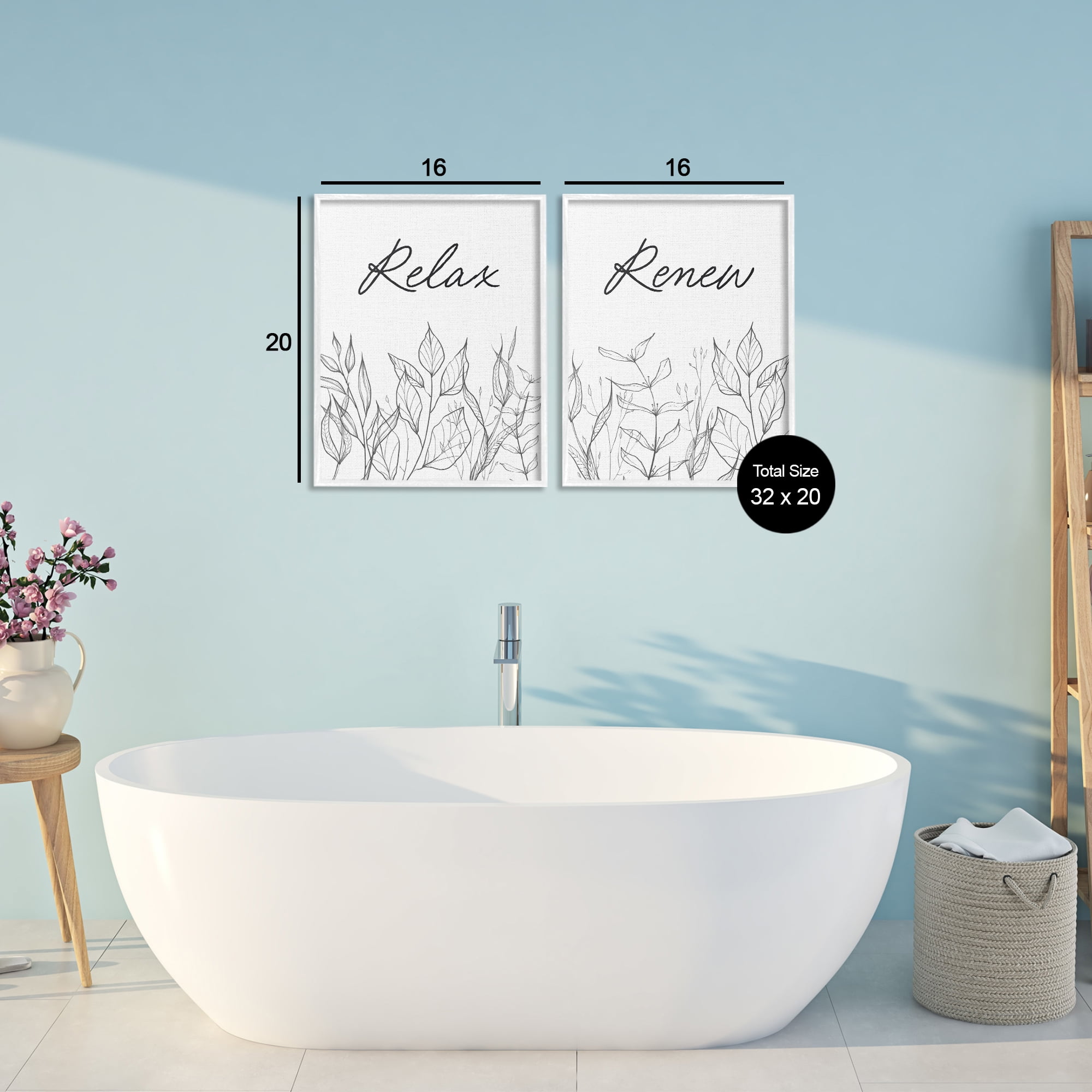 Relax and Renew Leaf Outlines 2 Piece White Framed Giclee Art Set, design by Lettered and Lined