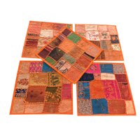 Mogul Set Of 3 Handmade Indian Cushion Covers Vintage Orange Patchwork Decorative Pillow Sham 16X16